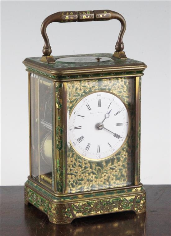 A Drocourt & Cie enamelled brass hour repeating carriage clock, 5.5in.